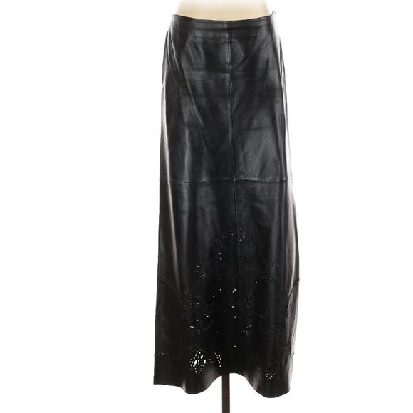 IN NAPPA Sz 4 Black Leather Cutout Laser Cut Pattern Maxi Skirt - Picture 1 of 8